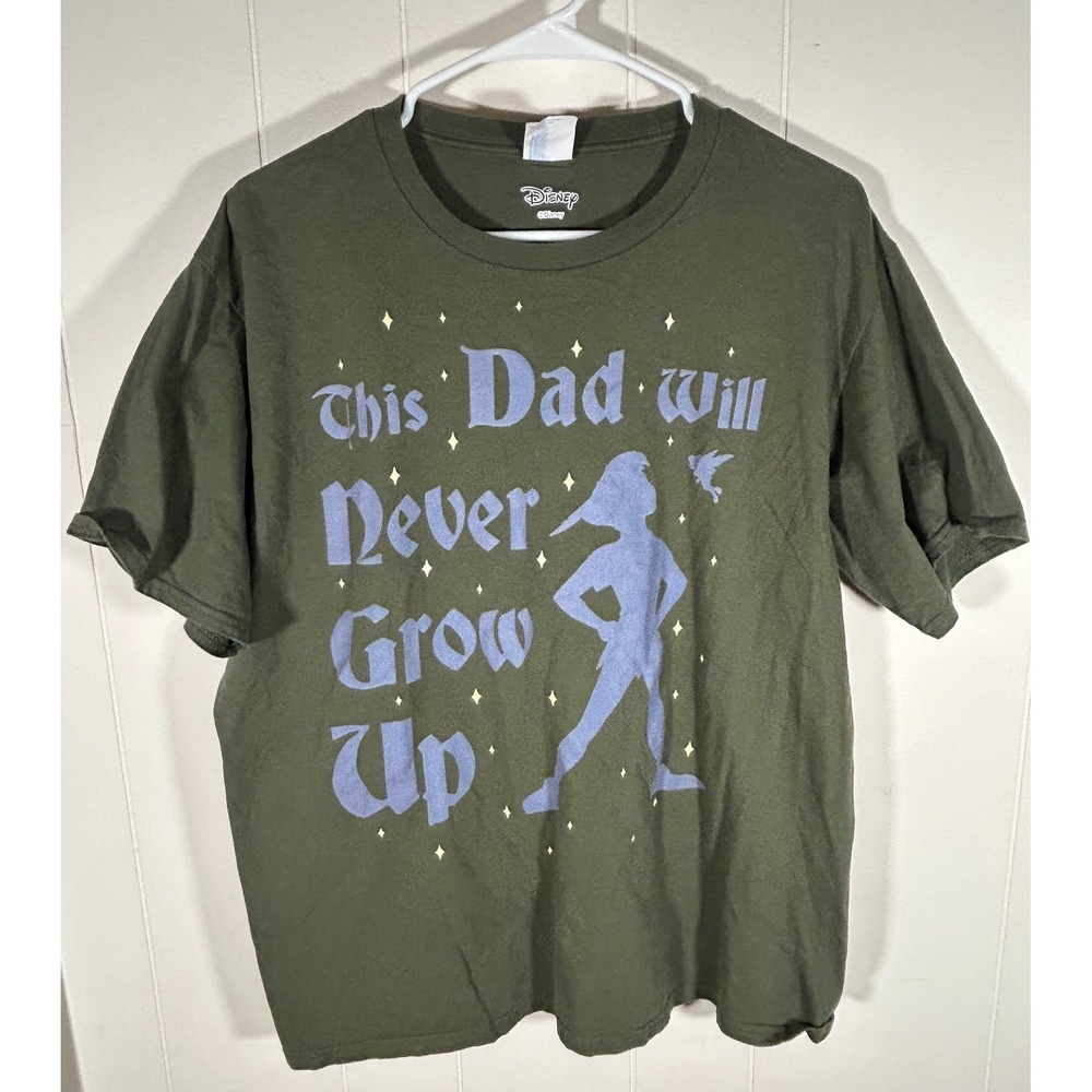 Disney Peter Pan This Dad Will Never Grow Up‎ Olive Green Graphic T-Shirt Mens L
